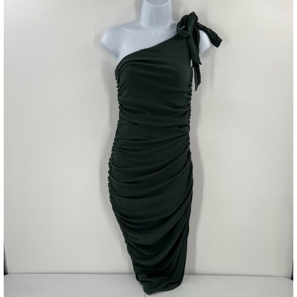 MAJORELLE M One Shoulder Green Ruched Midi Dress Revolve Ribbed Bodycon Party - Picture 1 of 12
